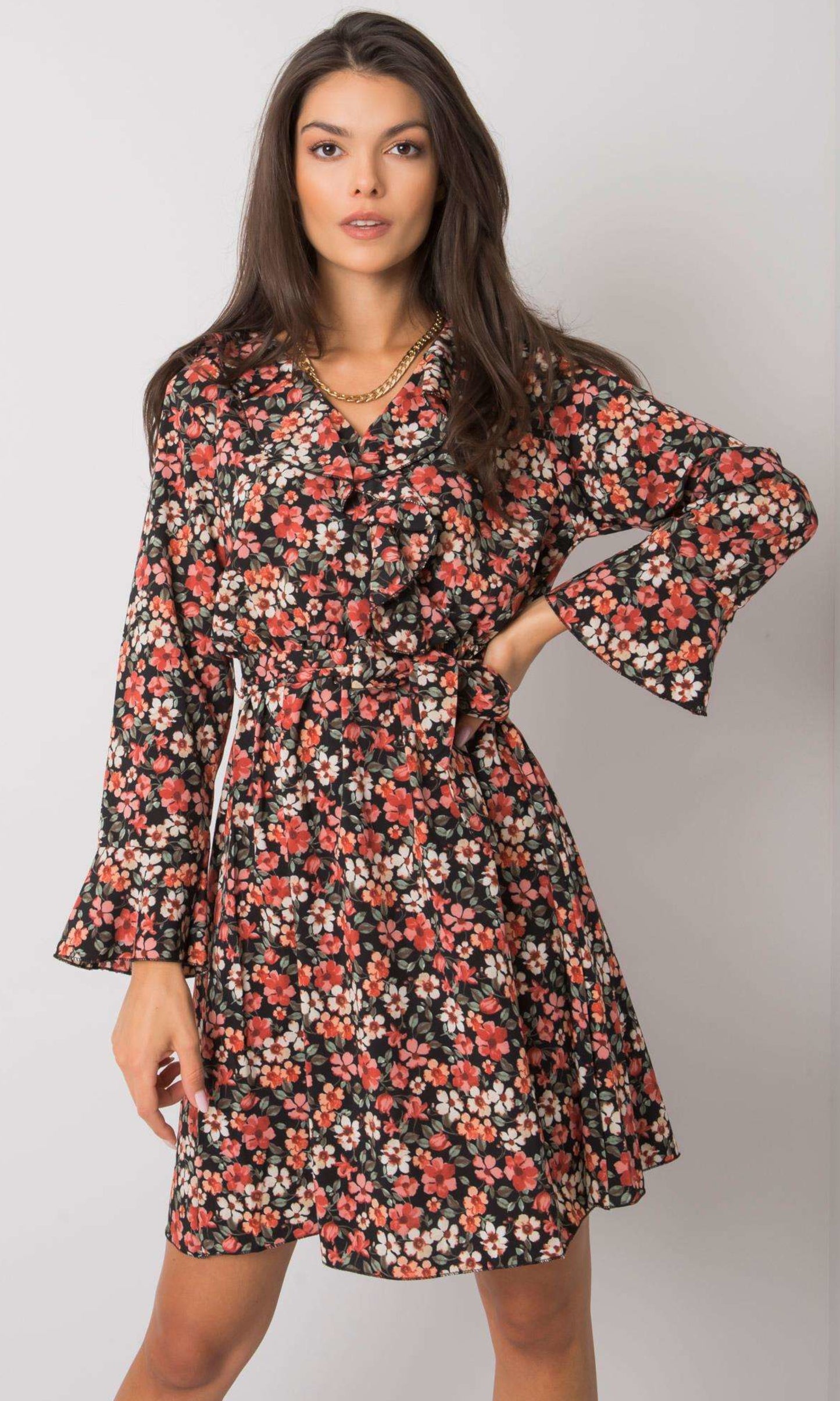 Jurk oranje met bloemenprint en ruches