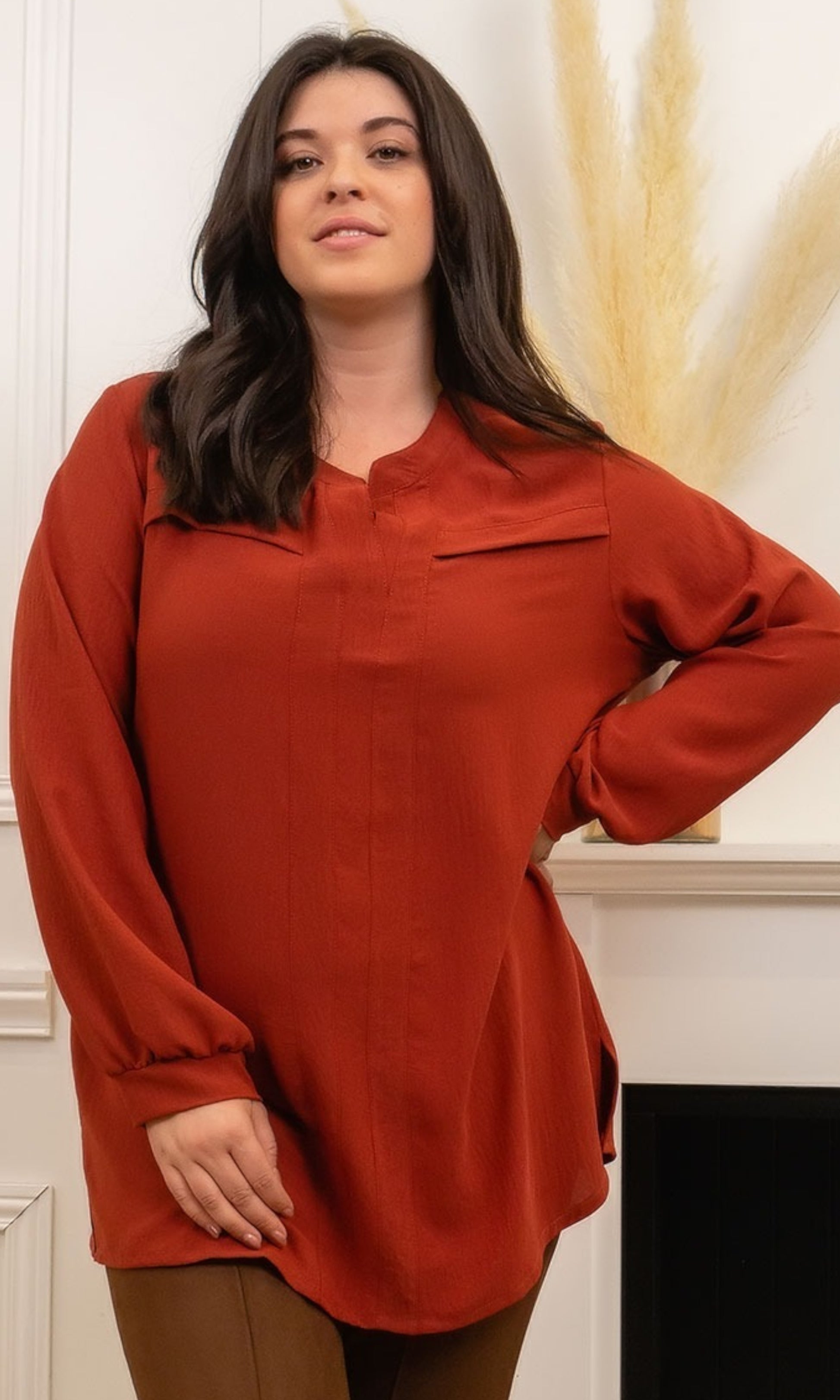 Vêtement Blouse Couleur Rouille Tunique Chemise Boutonnée Habillée